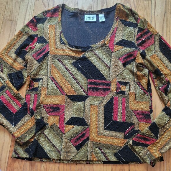 Chicos Design Womens Patchwork Long Sleeve Top Size 1 - Picture 4 of 5